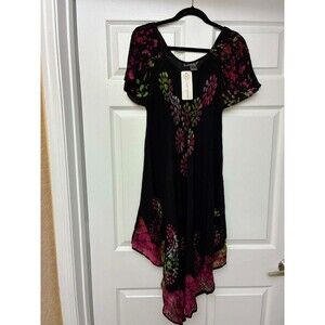 Cute Options Boho Rayon Dress Free Size Black Hand Dyed Asym Hem NWT